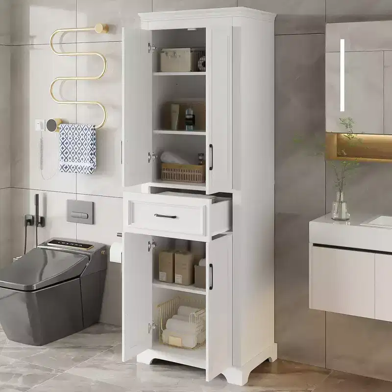 Freestanding Bathroom Storage Cabinet with Drawer, Adjustable Shelves, Damping Hinge Doors, Durable Painted Finish, White - ModernLuxe