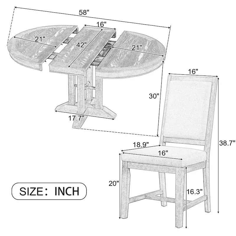 5-Piece Dining Set Extendable Round Table and 4 Upholstered Chairs Farmhouse Dining Set
