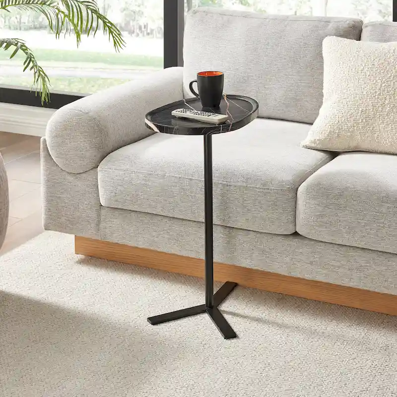 Oval Teardrop Modern Raised Lip Edge Couch-Side Accent C-Table with Crossed Y-Shape Metal Pedestal Leg