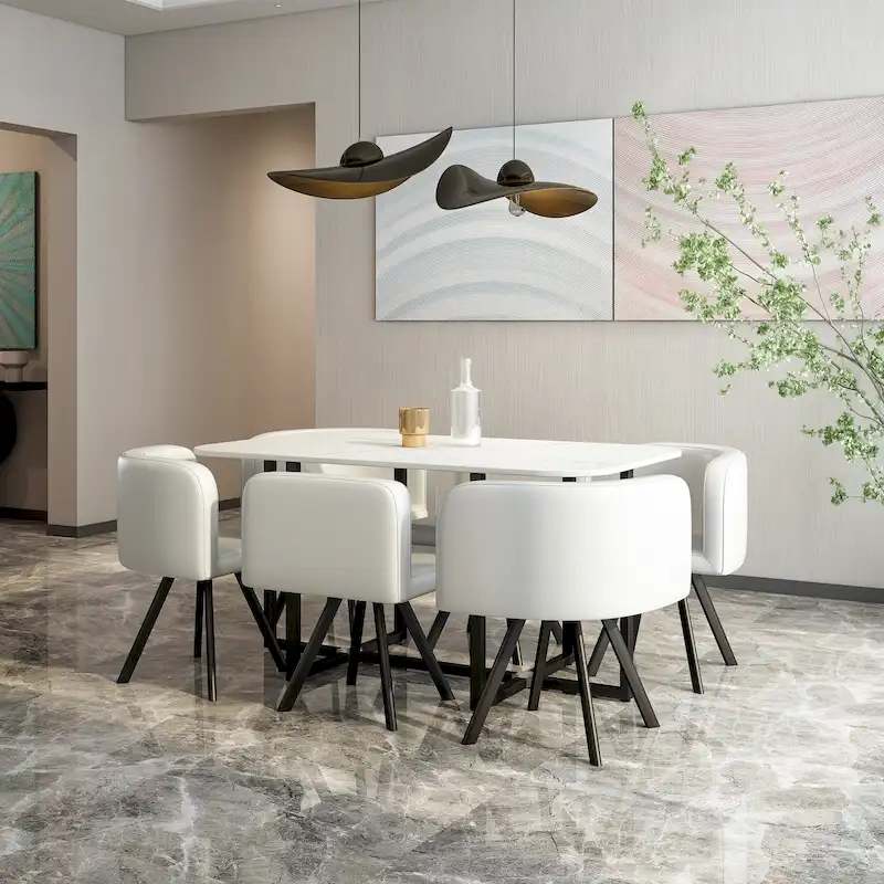 Modern 7-Piece Dining Set with Rectangular Marble Table & 6 Upholstered Chairs