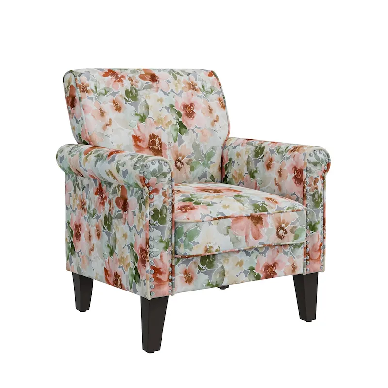 Accent Armchair, Rolled Arms, Floral Polyester, Pewter Nailhead Trim, Espresso Legs, Seats 1, Orange/Blue/Pink