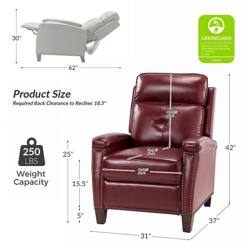 Gaspar Mid-Century Modern Pushback Recliner with Nailhead Trim by HULALA HOME