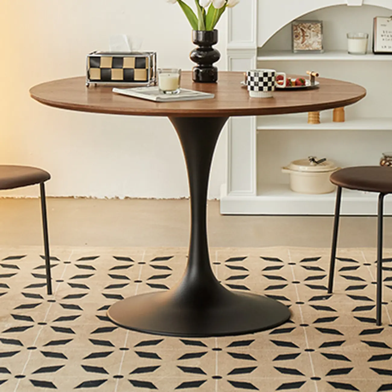 Casual Black Metal Wood Round Dining Table