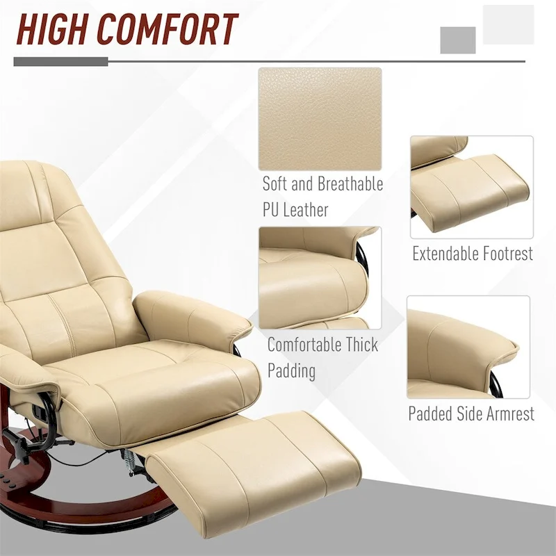 Swivel Leather Manual Recliner with Armrest and Extendable Footrest