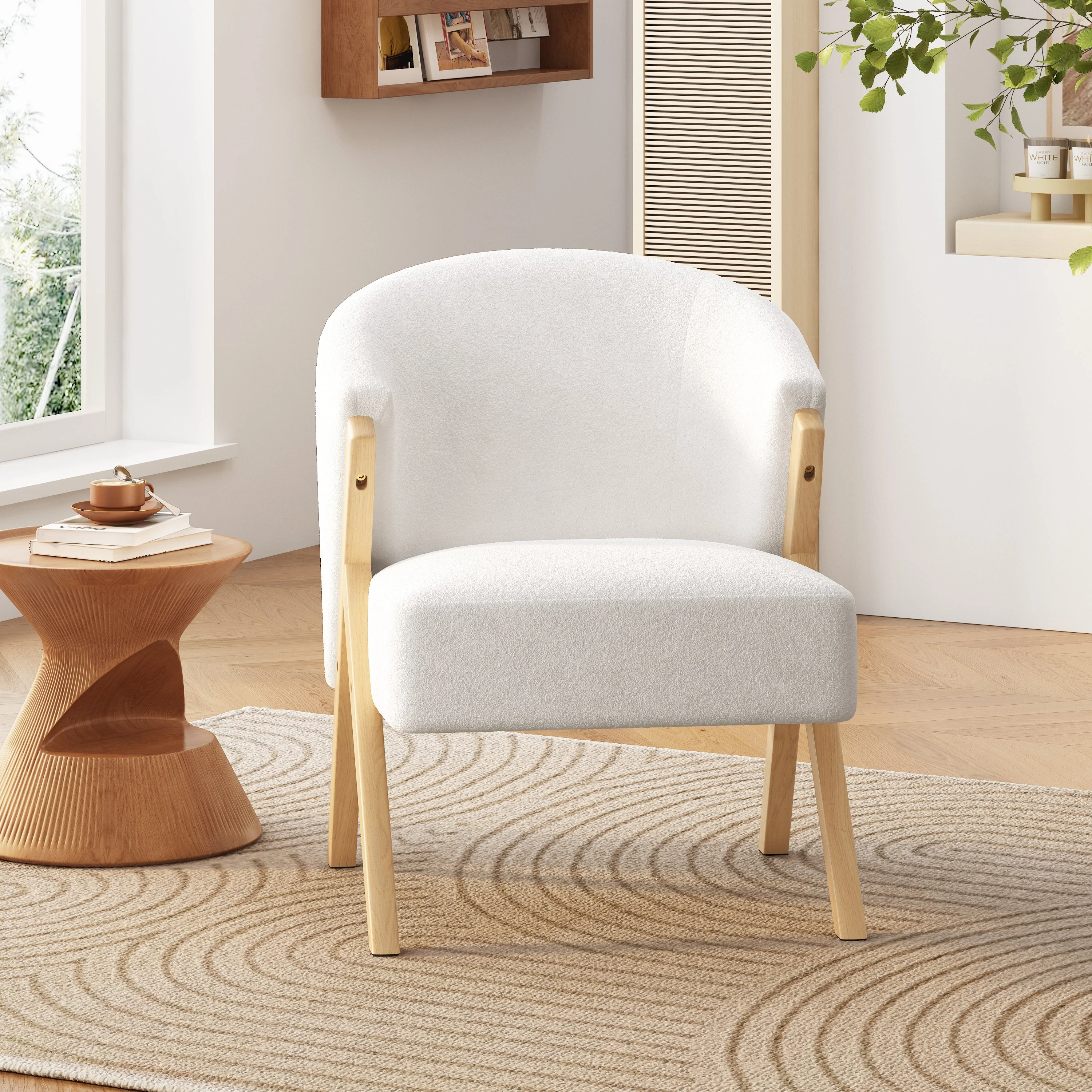 Modern Upholstery Accent Chair with Solid Wood Frame, White