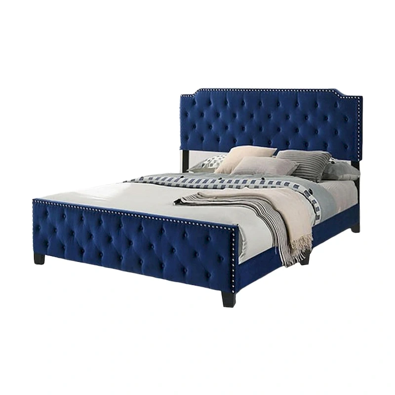 Agapi California King Bed, Button Tufted, Nailhead Trim, Navy Upholstery