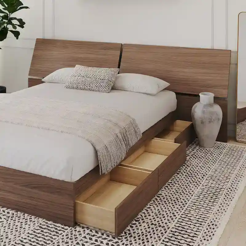 Queen Storage Bed with Wide Headboard, Walnut