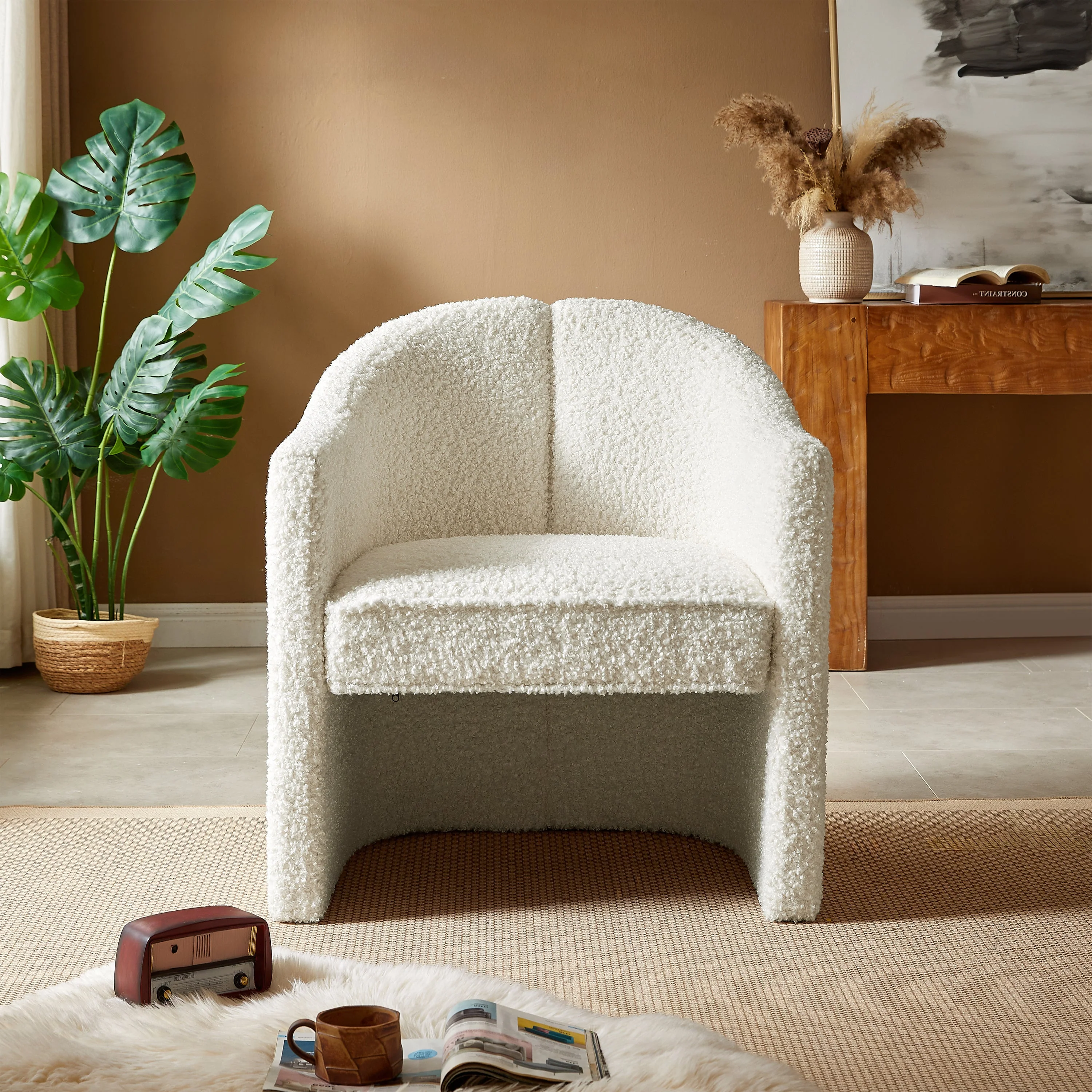 Boucle Accent Club Chair Minimalist Barrel Armchair with Channel Tufted Back