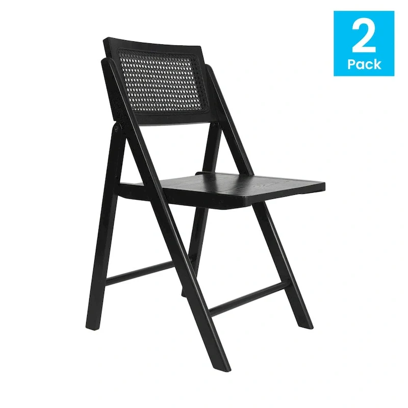 2 Pack Commercial Cane Rattan Folding Chairs - Wood Backs and Seats