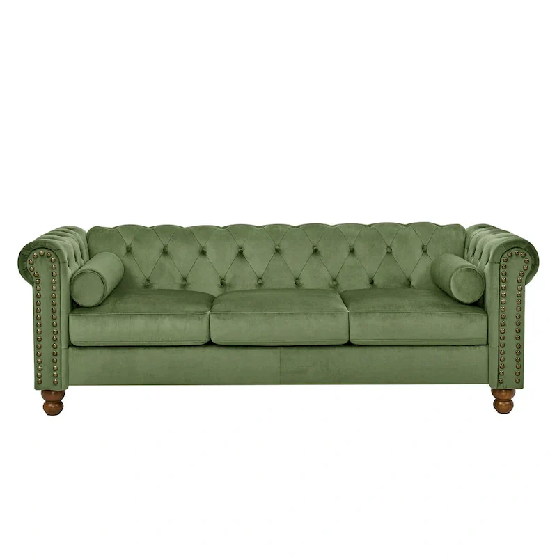 Green 74.5 Velvet Chesterfield Sofa with Button Tufting, Scrolled Arms, Turned Legs, and Elegant Design