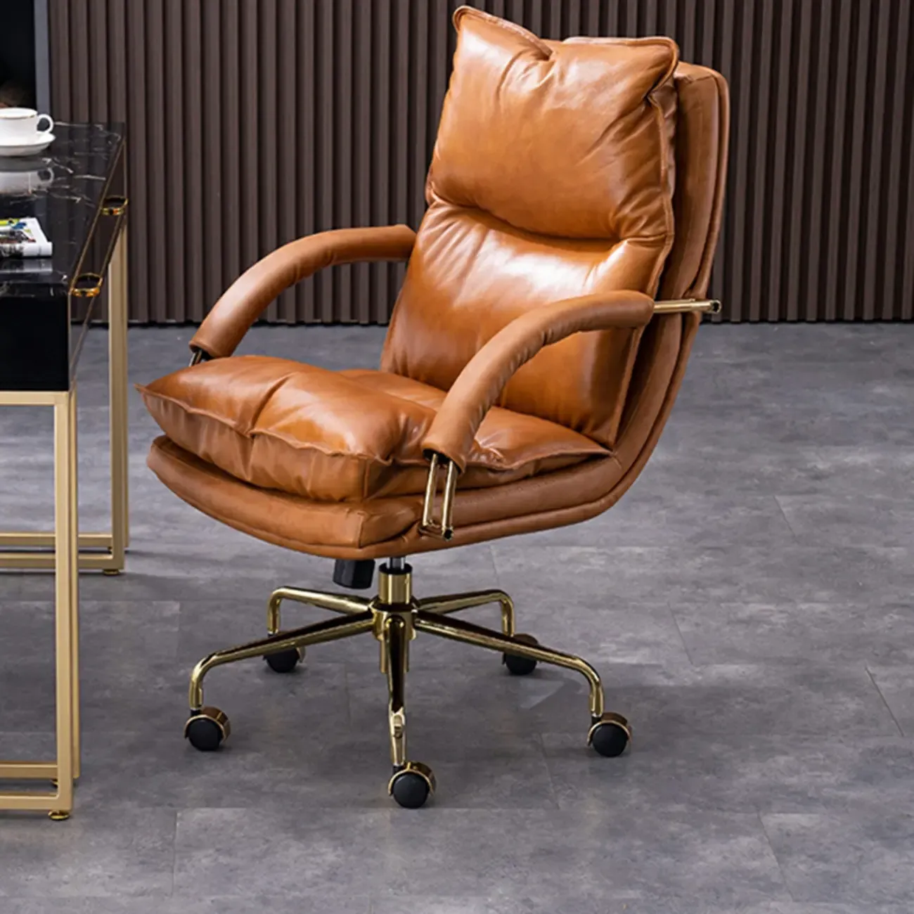 Brown Genuine Leather Ergonomic Wheeled Office Chair