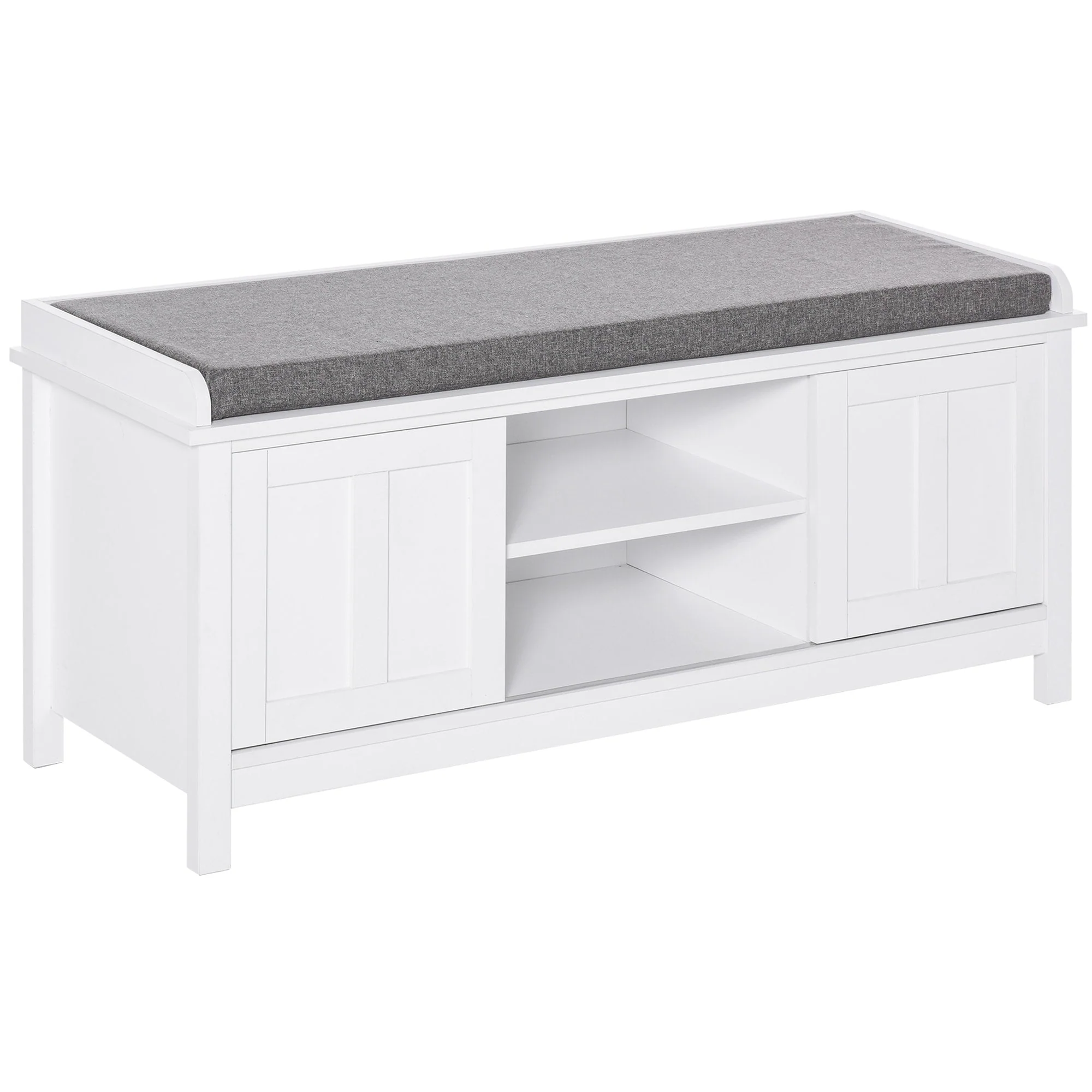 HOMCOM Entryway Shoe Bench Storage Ottoman with Adjustable Shelving, 6 Compartments, and Padded Seat, White/Grey