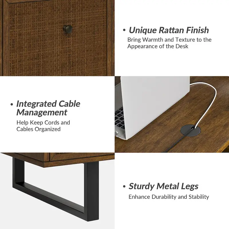 Alfons Industrial L-shaped Lift Top Cane Executive Office Desk with Drawers and Built-In Outlets by