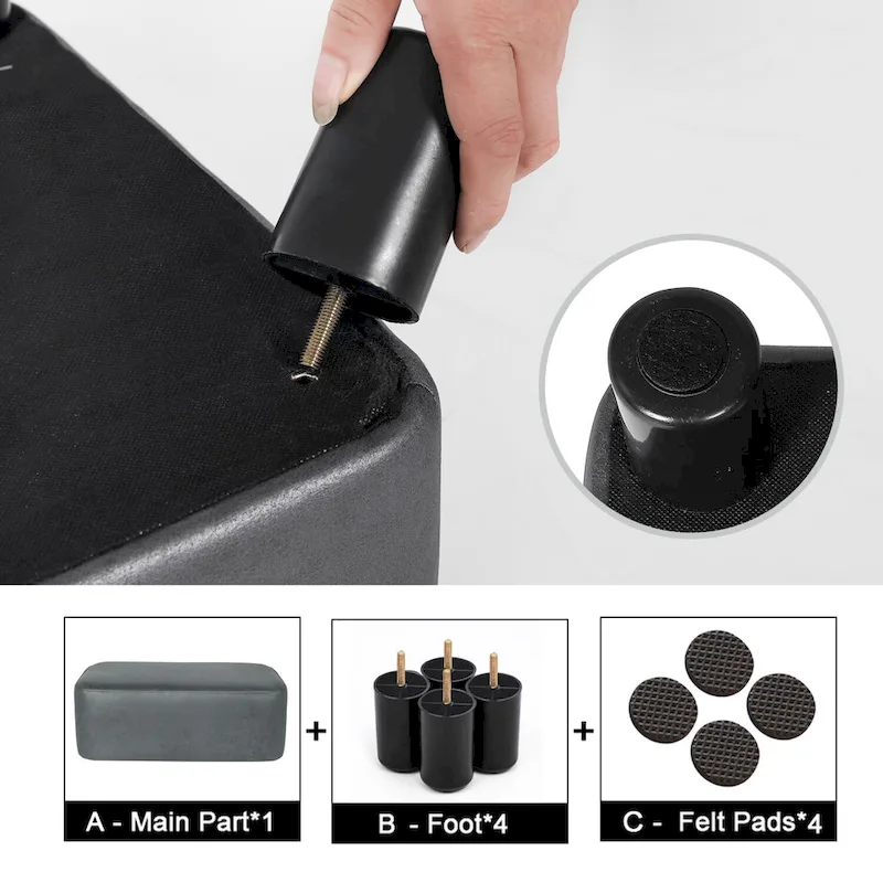 Rectangular PU Leather Footstool, Grey/Dark Grey/Brown, Wood Legs, Seats 1