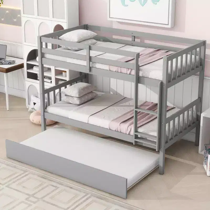 MAYEERTY Twin Rubber Wood Bunk Bed with Trundle Twin Bunk Bed with Ladder and Safety Guardrails Gray