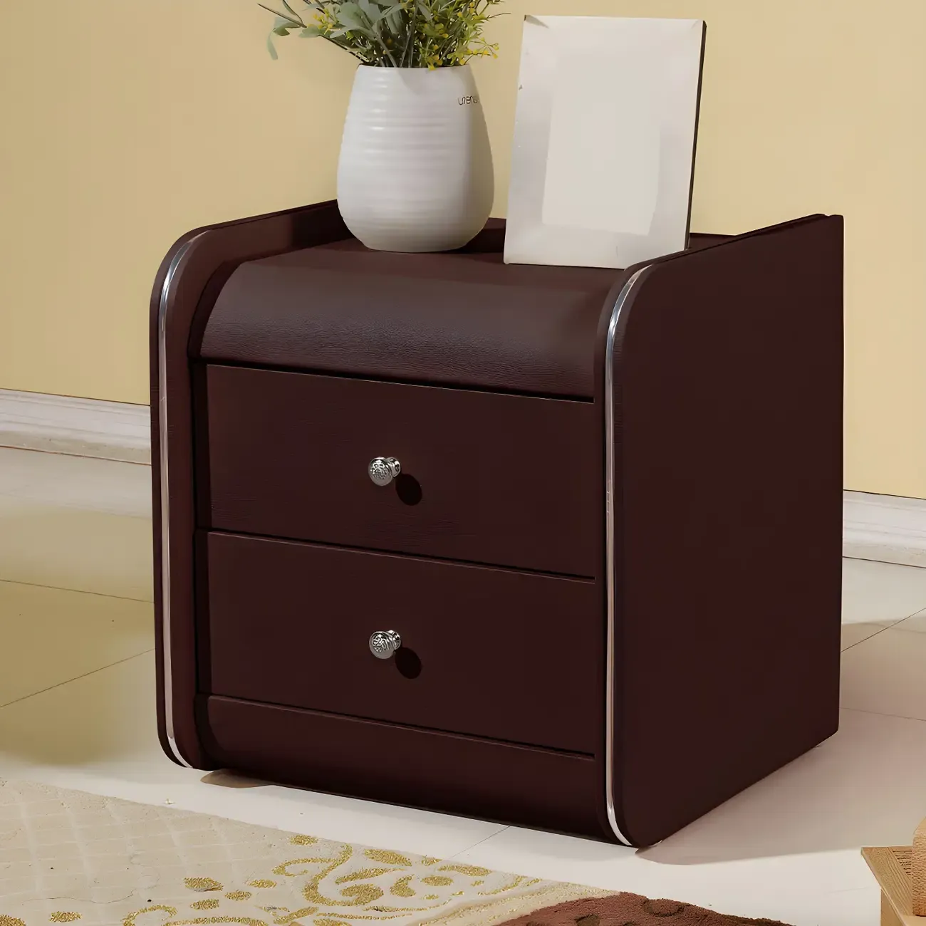 Stylish Narrow Faux Leather Bedside Table with 2 Drawers