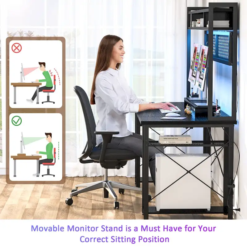 Gaming Deck with Charge Station and LED Light, Computer Table with Hutch and Shelves