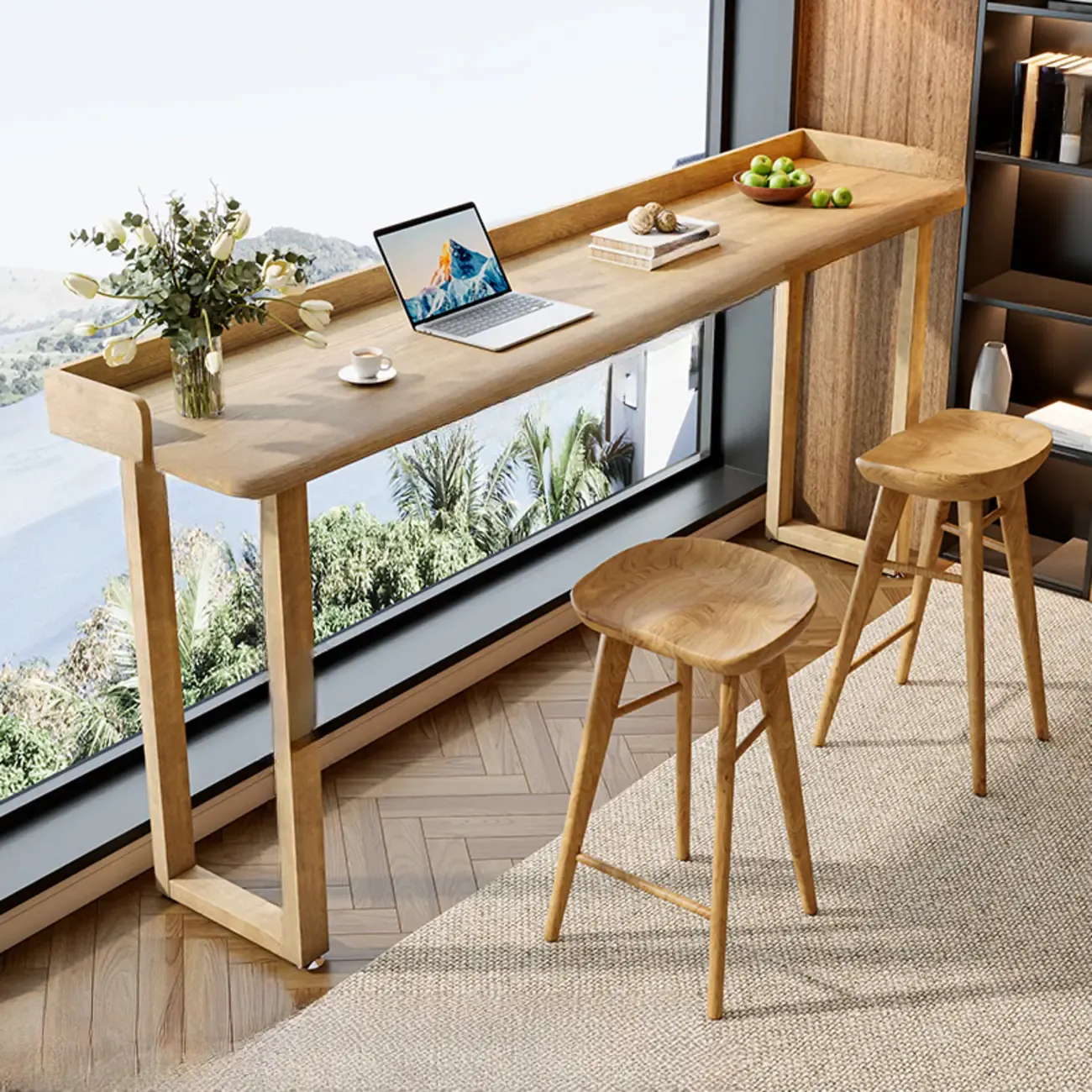 Natural Wood Rectangle Counter Height Bar Table with Rim