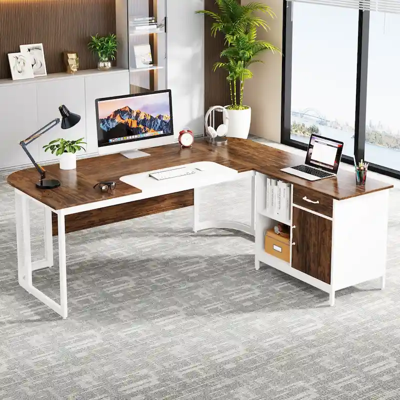 Large 63  L-Shaped Executive Office Desk with 31 File Cabinet