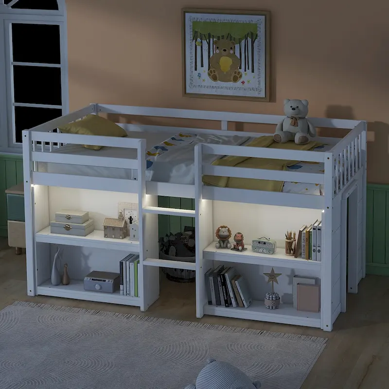Twin Wood Low Loft Bed with Shelves & LED Light