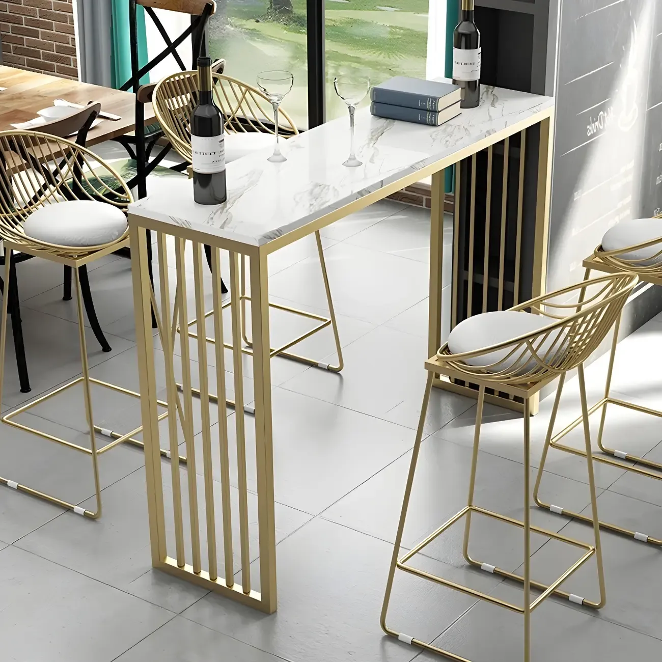 Glam White Faux Marble Gold Rail Metal Base Bar Tables