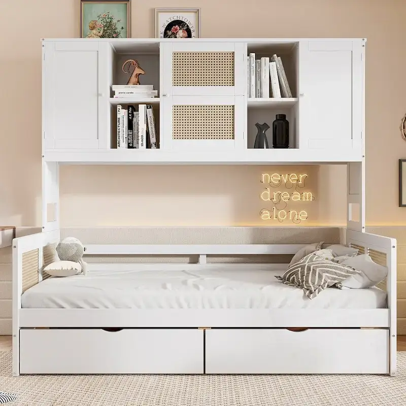 Wooden Daybed With 2 Drawers and All-in-One Cabinet and Shelf