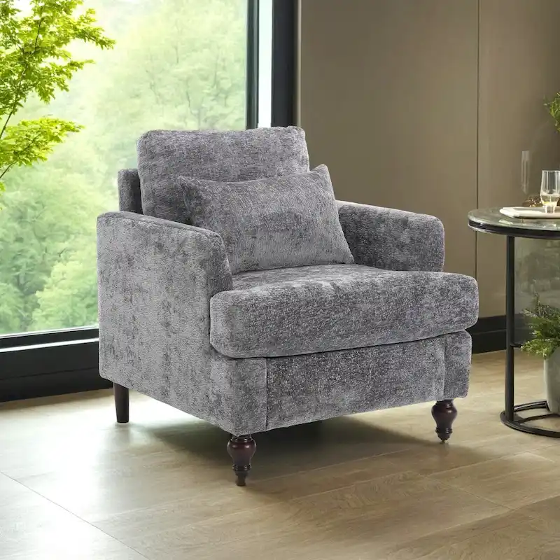 Chenille Single Sofa Chair, Upholstered Accent Chair with Soft Pillow, Mid Century Modern Reading Armchair