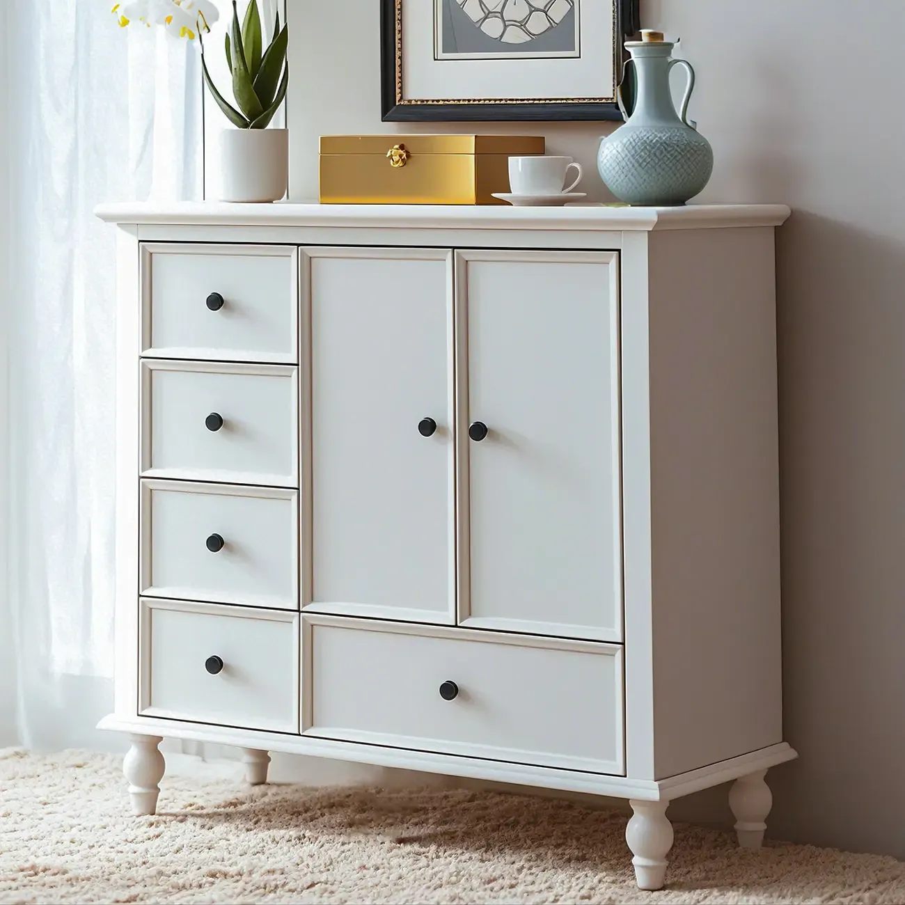 Glam Vertical White Wooden Dresser with Cabinet