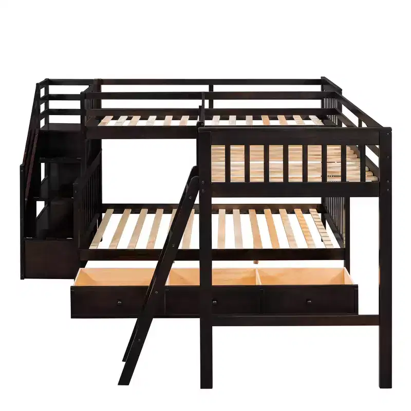 Stylish Design Twin over Full L-Shaped Bunk Bed With 3 Drawers, Ladder and Staircase