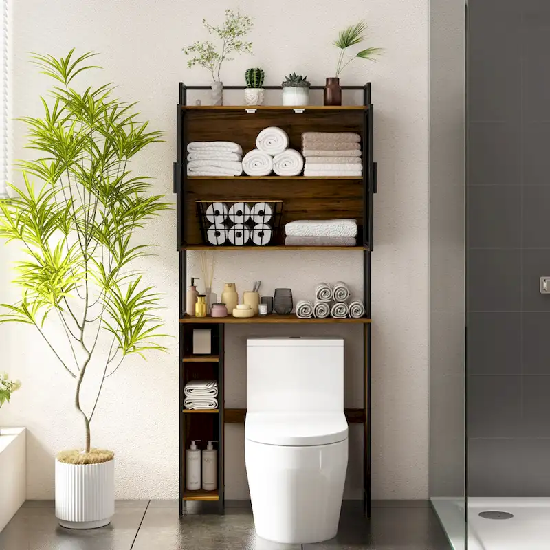 Over-the-Toilet Storage Cabinet, Dark Brown, MDF & Iron Mesh, Adjustable Shelf, Tissue Rack