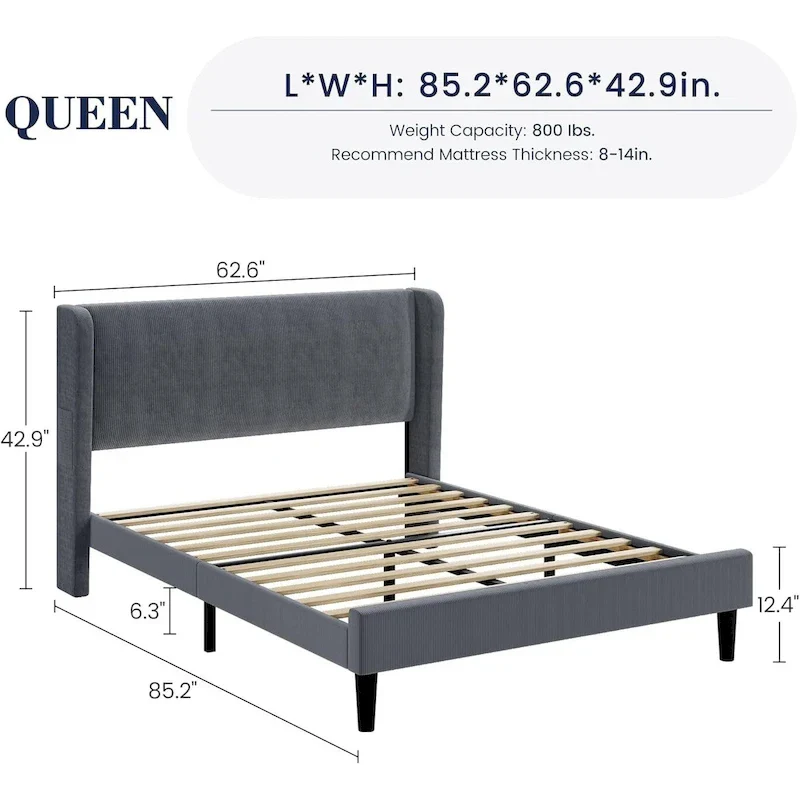 Upholstered Wingback Bed Frame with Velvet Headboard