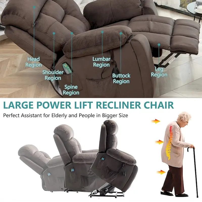 Power Lift Recliner, Massage & Heat, Velvet, 8-Point Massage, Cup Holder, Reclines 160°, Seats 1, Light/Dark Brown