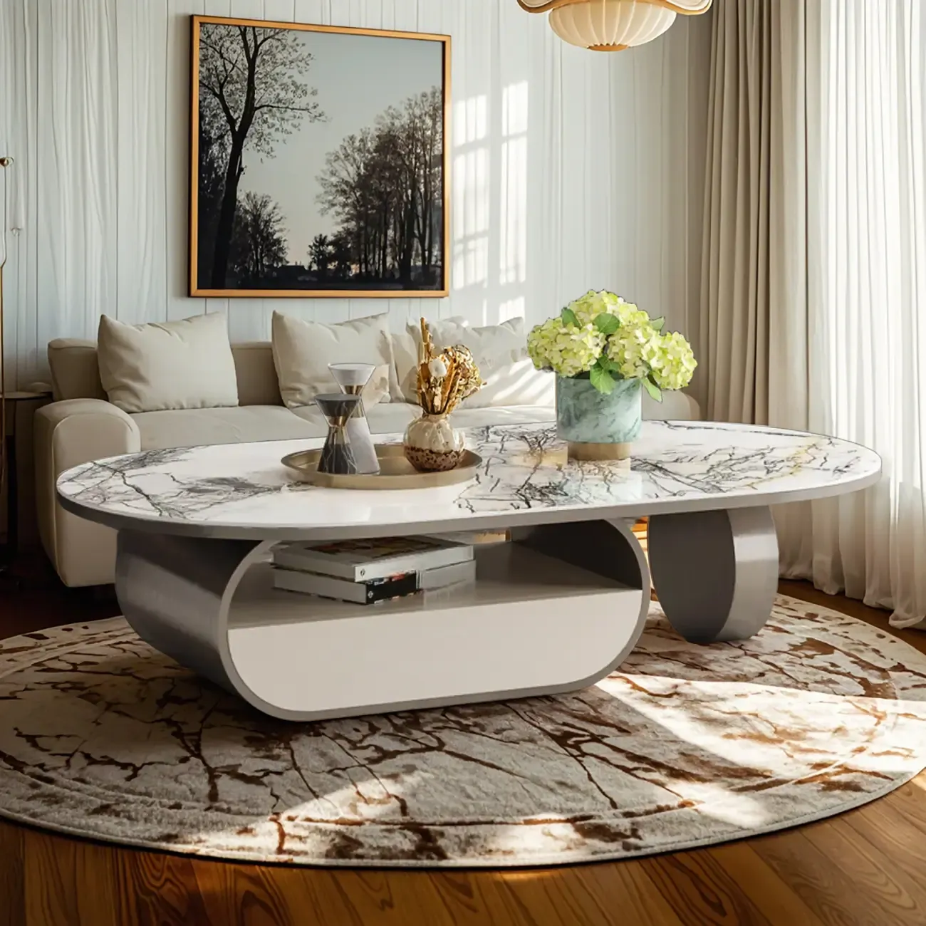 Contemporary Unique Marble Top Oval Coffee Table with Drawer