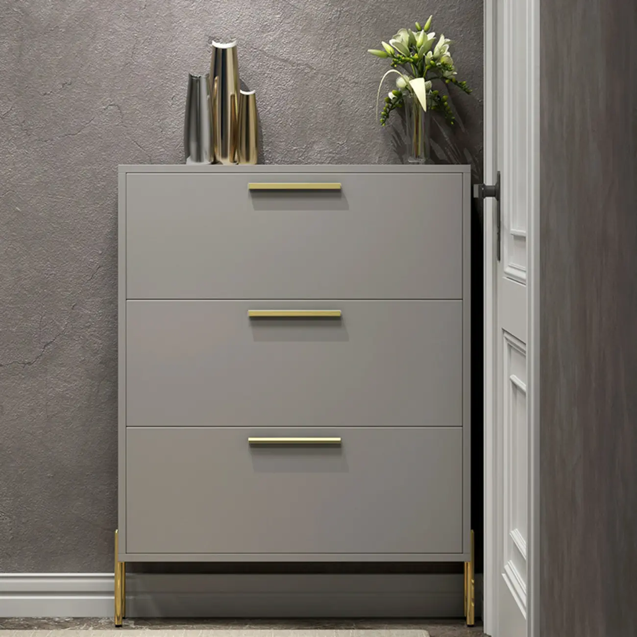 3-Tier Narrow Dark Gray Drop-Front Wood Shoe Cabinet