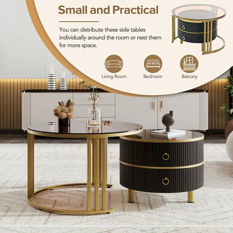 Stackable Round Coffee Table with 2 Drawers, Modern Nesting Tables