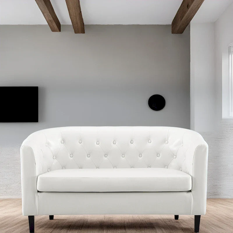 Midcentury Modern Button Tufted Faux Leather Barrel Loveseat - Comfy Tub Loveseat Sofa
