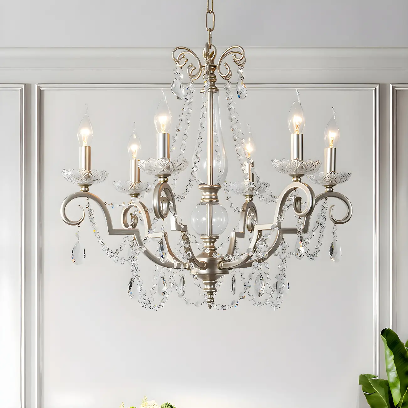 Adjustable Hanging Silver Crystal Candelabra Chandelier