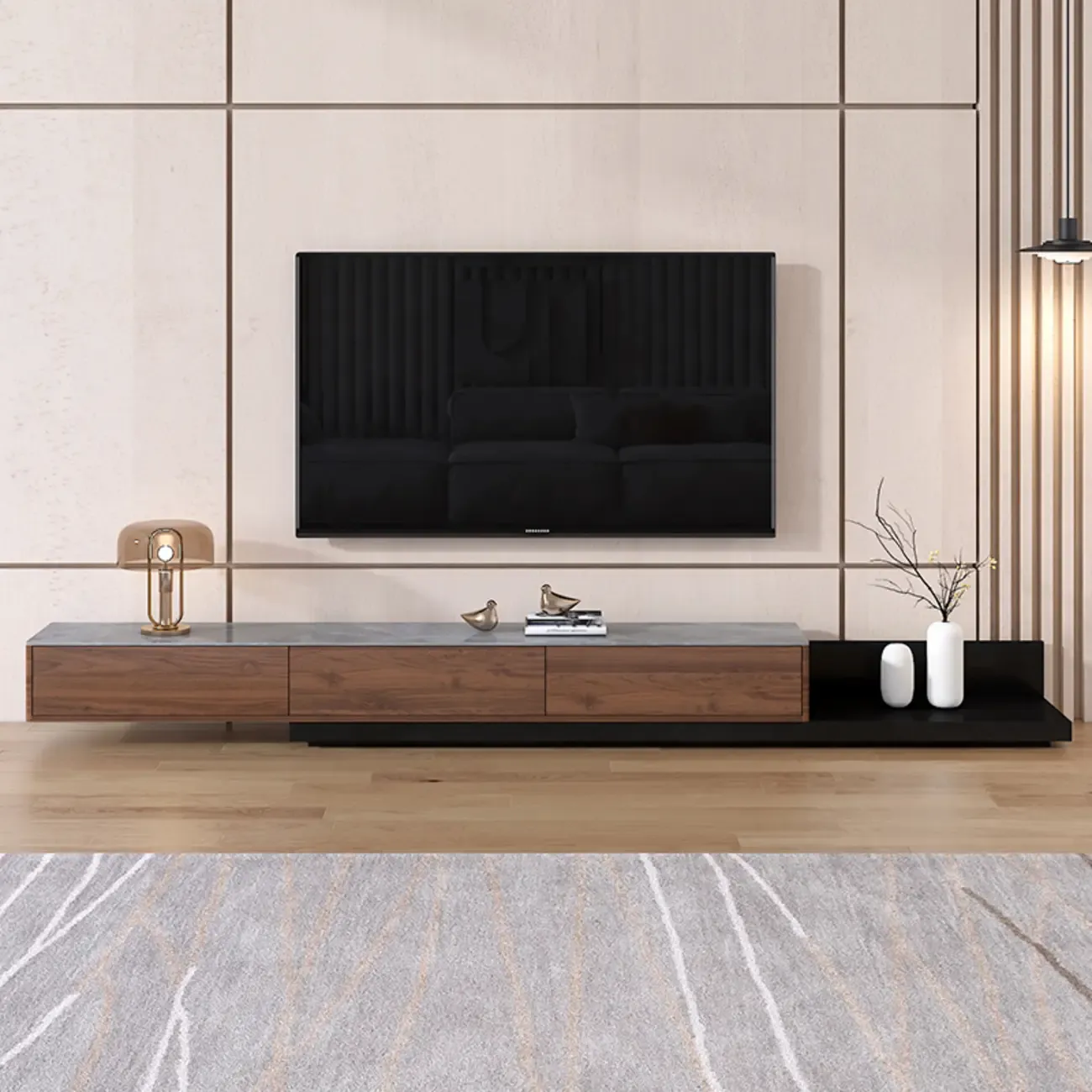 71 Walnut-Black Modern Stone TV Console with Drawers