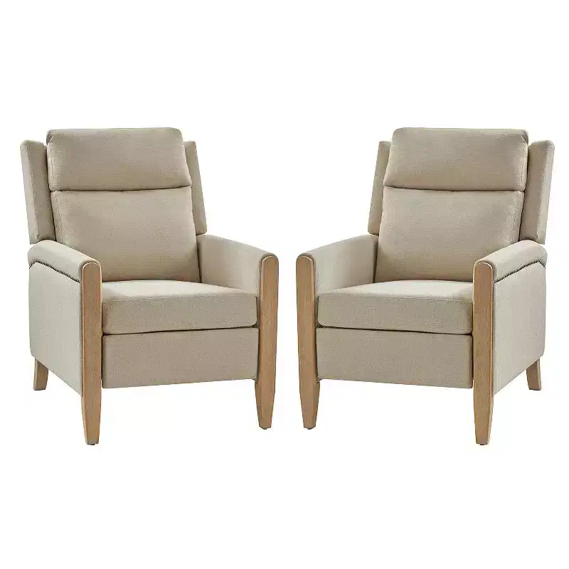 Upholstered Push Back Recliner, Set of 2 — Beige / Blue / Grey / Stripe
