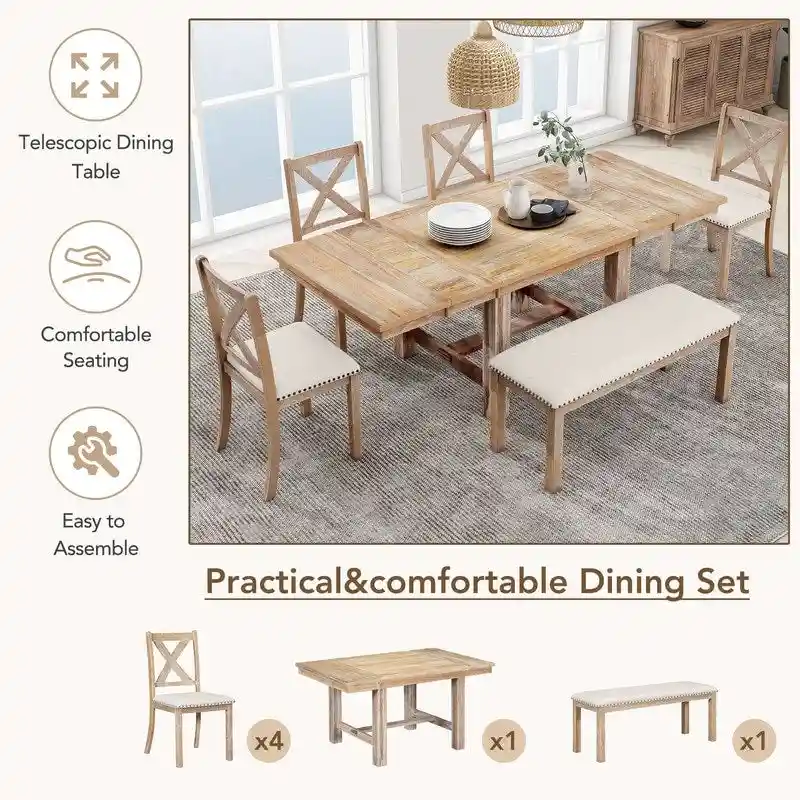 6-Piece Dining Kitchen Table Set, Extendable Wood Dining Table, 4 Upholstered Dining Chairs and Bench, Two 11 Removable Leaf