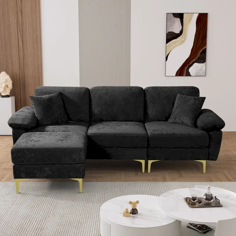 Ouyessir 2-Pieces Upholstered Velvet Sectional Sofa with 2 Pillows & Ottoman