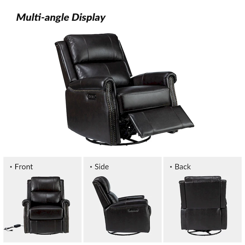 Renato Traditional Genuine Leather Nailhead Power Swivel Recliner Chair with Metal Base Set of 2 by HULALA HOME