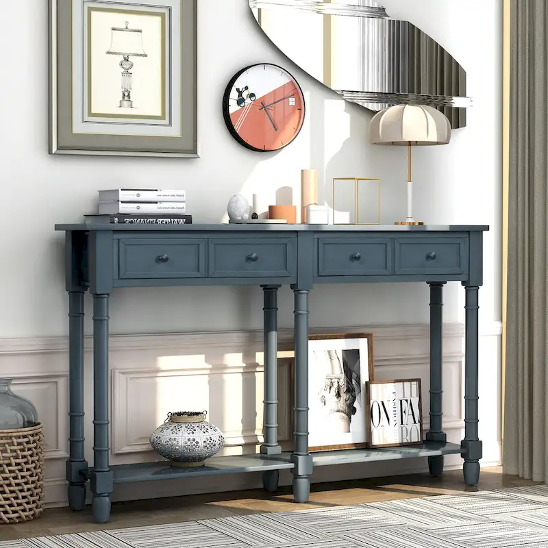 TREXM Solid Wood Console Table with Storage Drawers and Bottom Shelf