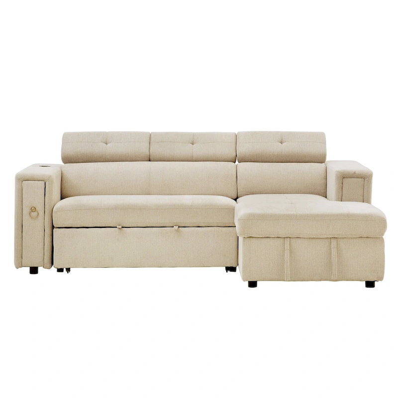 Beige L-Shape Sleeper Sectional Sofa with Adjustable Headrest & Charging