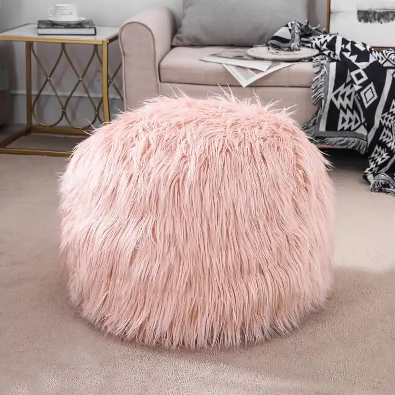 Adeco Unstuffed Ottoman Round Pouf Cushion Covers Faux Fur Foot Stool