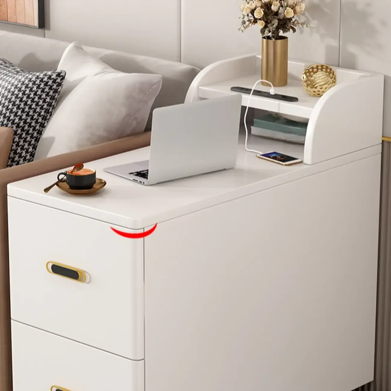 Narrow Rolling White 2-Drawer End Table with USB Charge