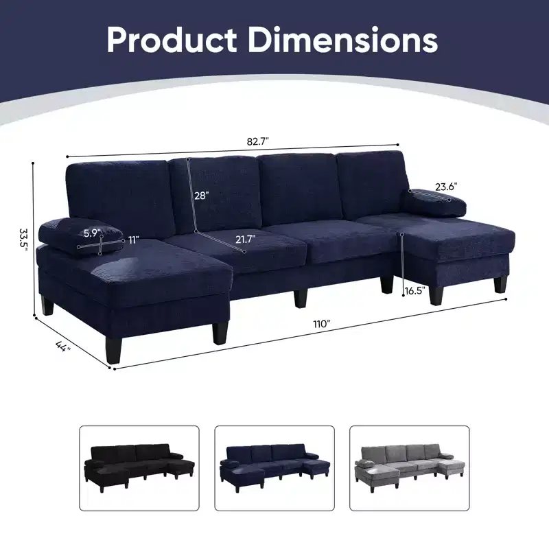 Mjkone 110U-Shaped Sectional Couches,Chenille Upholstered Large 4-Seater Sofa with Double Chaises and Sleepable Armrests
