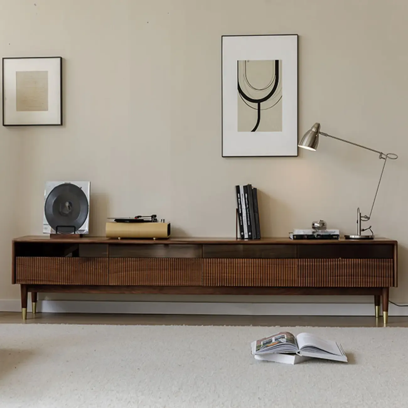 94.5 Long Brown Wood Walnut Fluted TV Stand with Drawers