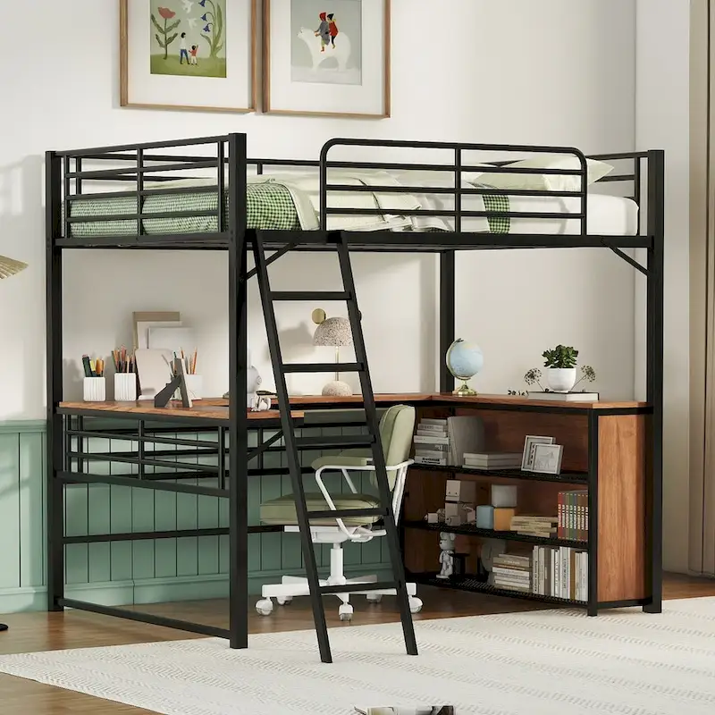 Metal Loft Bed with L-shaped Desk and 3 Layers of Shelves, Reversible Ladder