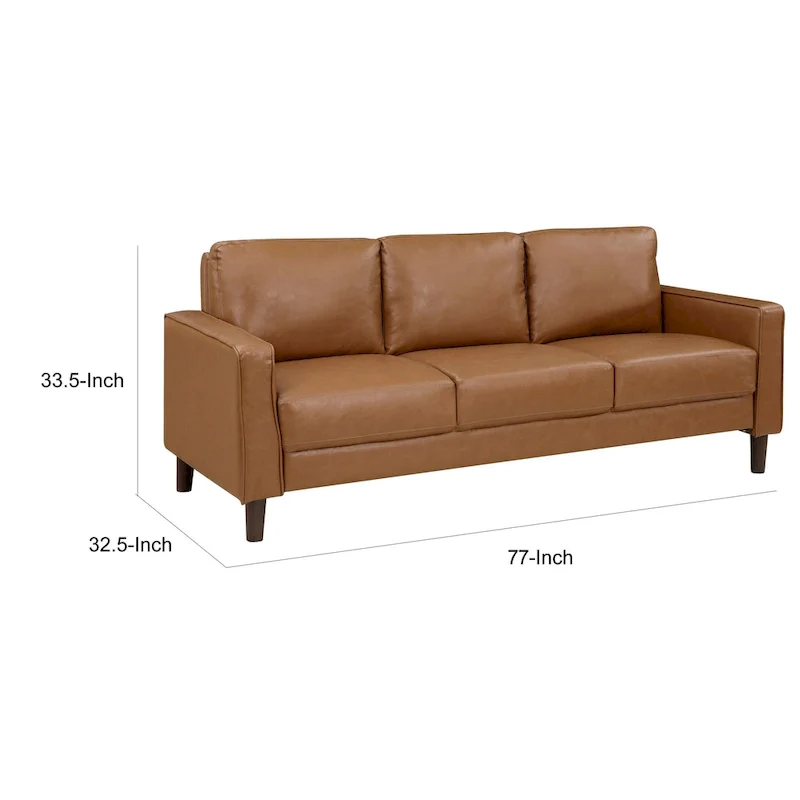 77 Inch Sofa, Brown Faux Leather, Track Style Arms, Solid Wood Frame